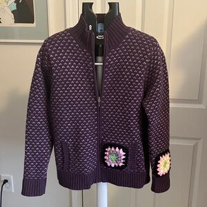 Y2K L.L. Bean up-cycled handmade grannie sq cardigan sweater purple L lambswool
